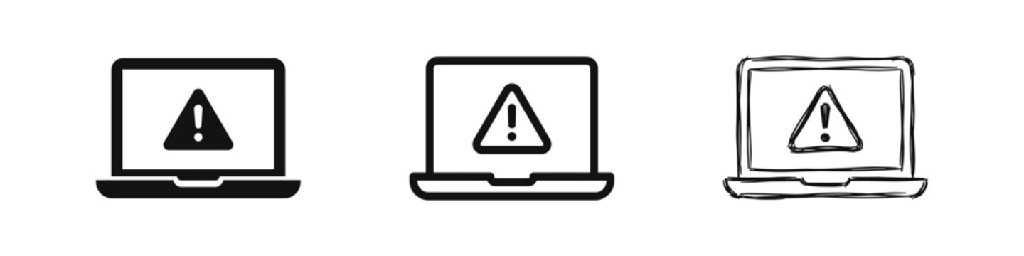 Laptop Warning Alert Icon Set with Error Triangle Symbol