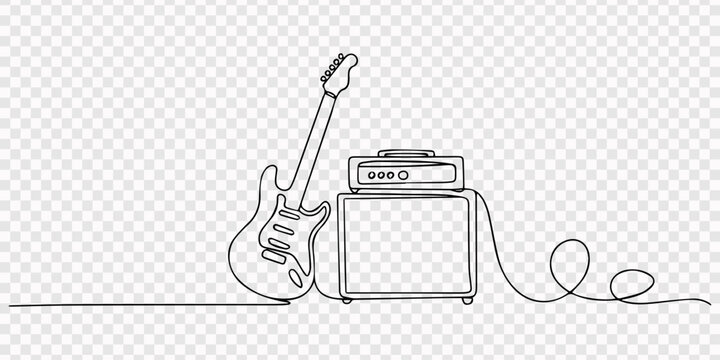 One single line drawing of electric guitar with amplifier. Stringed music instruments concept. transparent background, Single continuous line drawing electric guitar with amplifier. Rock music illumin