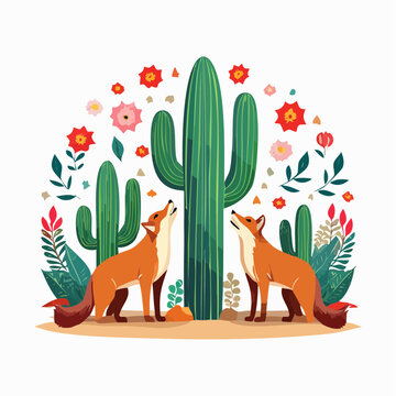 Two foxes howling at cacti and flowers in a desert landscape