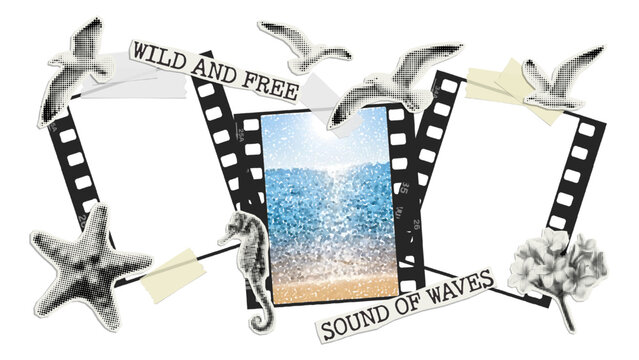 Vector cut out halftone summer and ocean illustrations, vintage empty photo strip template and stickers on transparent background. Trendy retro elements with a halftone effect for collage, poster, ban