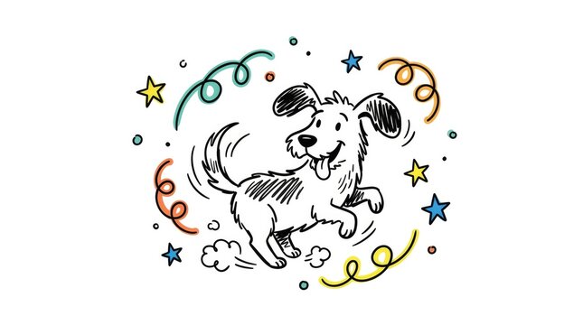 Playful dog chasing tail with colorful doodle accents on white background for fun design