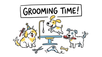 Fototapeta premium Happy dogs anxiously awaiting their grooming session with cute accessories and playful background