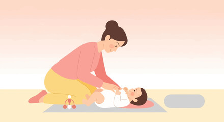 Fototapeta premium Mother changing diaper of baby on changing mat with toy, flat design