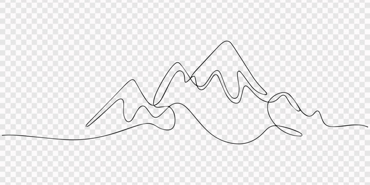 Continuous one line drawing of mountain landscape minimal outline vector illustration, transparent background. single line vector illustration of rocky peaks for adventure climbing and outdoor travel.