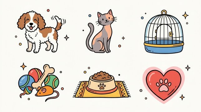 Adorable doodle icons featuring pet elements with dog, cat, bird cage, pet toys, food bowl, and heart design on a light background for animal care themes