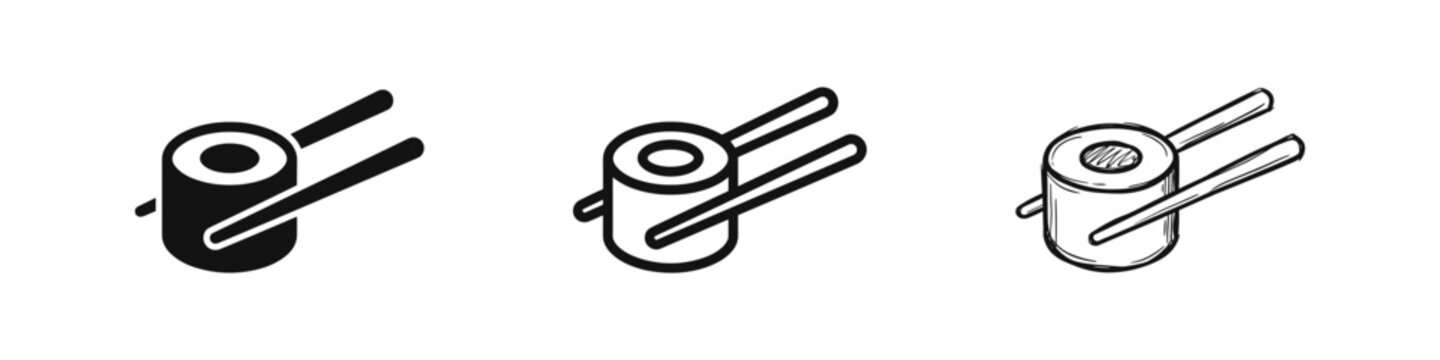 Sushi roll with chopsticks icon set. Japanese cuisine and asian food symbol in solid, outline and sketch styles.