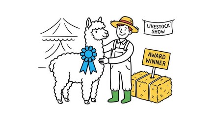 Fototapeta premium Award-winning alpaca presentation at livestock show with proud farmer and groomed animal