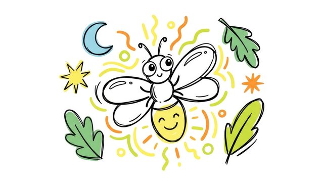 Whimsical firefly glowing with joy doodle, featuring playful insects and celestial elements, perfect for creative backgrounds and artistic designs