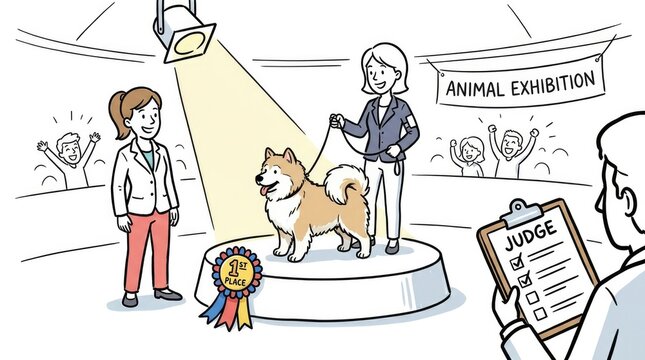 Exciting animal exhibition event with handler leading dog to first place in competition arena
