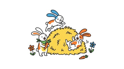 Fototapeta premium Playful rabbits enjoying hay pile with carrots and flowers in a spring scene