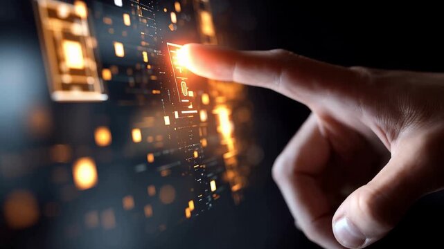 Touching a digital screen with glowing lights in a dark space during a tech demonstration