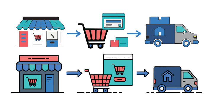 An illustrated process showing how online shopping and delivery works from store to customer