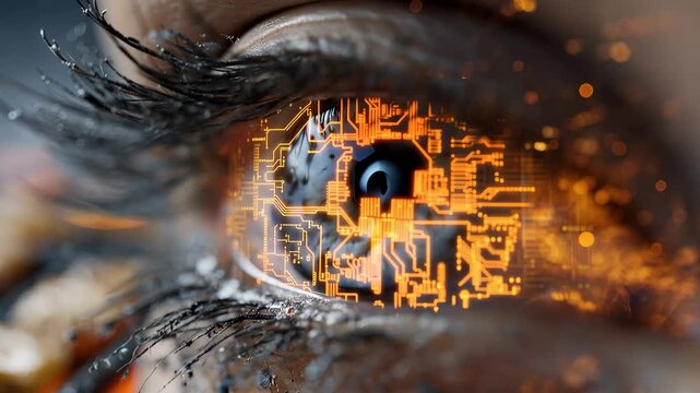 Exploring the connection between technology and human perception through a close-up view of an eye with electronic elements displayed