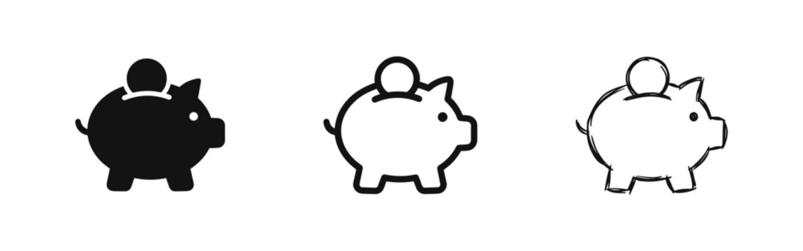 Piggy Bank Savings Icon Set with Coin in Three Different Graphic Styles