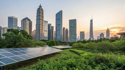 Fototapeta premium Urban skyline with modern skyscrapers and solar panels surrounded by greenery at sunset, blending cityscape with sustainable energy solutions.