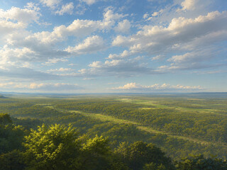 Fototapeta premium Cinematic View of Vast Forest and Grassland Under a Dramatic Sky