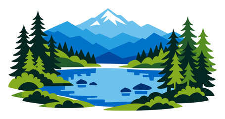 Fototapeta premium Minimalist mountain lake landscape featuring tall pine trees, green forests, and distant blue mountains with a snow-capped peak