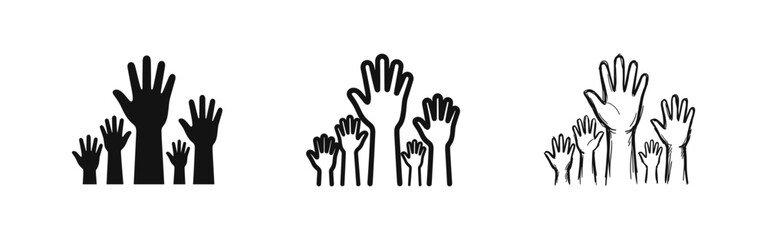 Fototapeta premium Raised Hands Icon Set, Volunteering Community Diversity and Teamwork Concept