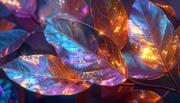 Iridescent leaves glowing with vibrant colors in the dark