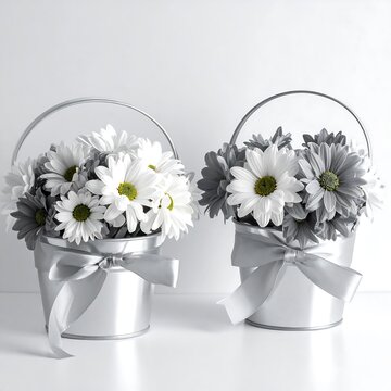 Two silver flower bouquets with white and gray daisies in metallic buc
