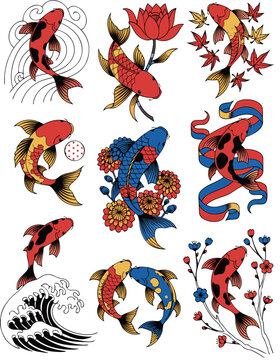 Koi Tattoo Flash Sheet Nine Traditional Japanese Fish Poses Flat Vector Illustration Koi Fish Japanese Pond Motifs Set with Lotus Chrysanthemum Cherry Blossom and Wave Designs Isolated Collection for