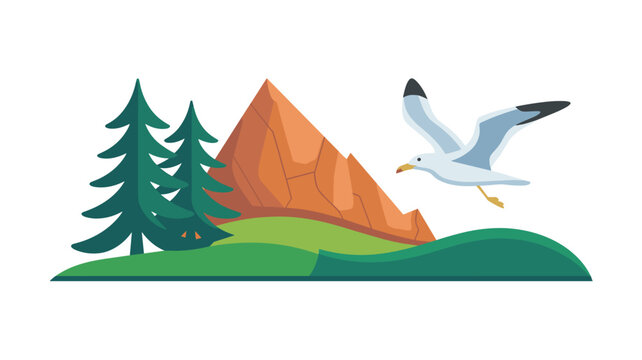 A stylized vector landscape features two dark green pine trees standing near a rugged brown mountain peak with a white seagull flying across a bright clear background.