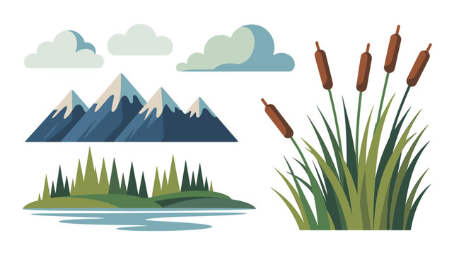 A serene landscape features snow-capped mountain peaks rising above a dense pine forest and a calm lake with tall brown cattail reeds in the foreground.