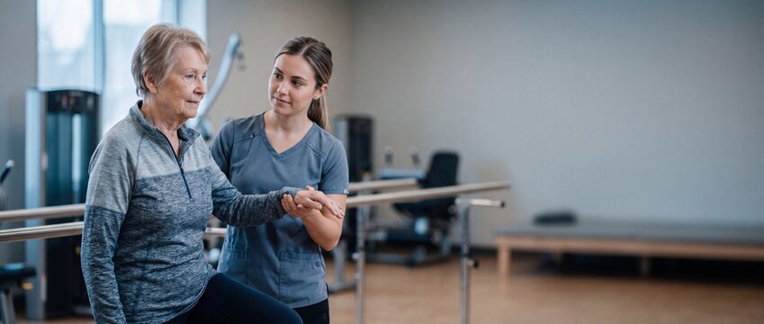 Senior physical therapy patient recovering with help of female physiotherapist in modern clinic gym, elderly fitness exercise, professional support, banner copy space