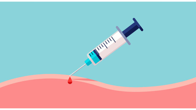 Medical Injection Illustration featuring a syringe needle piercing skin with a single drop of blood, ideal for healthcare articles and vaccination awareness.