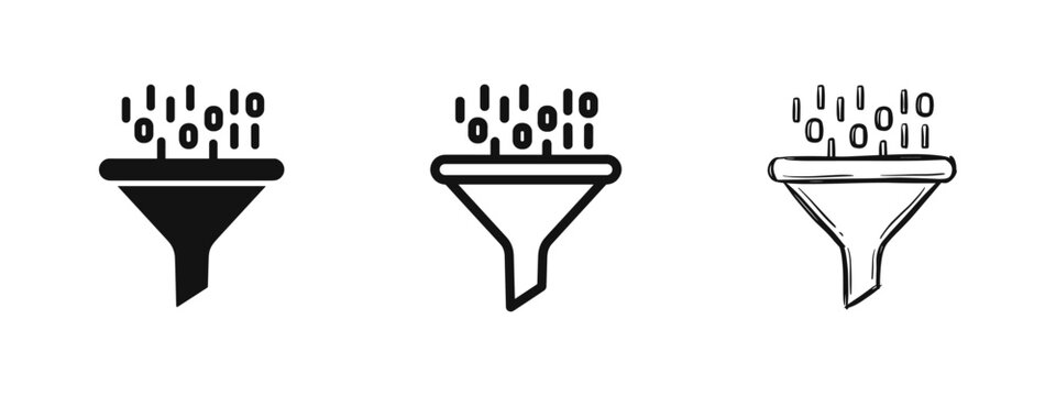 Data filtering and big data processing icon set with funnel and binary code symbols in three styles