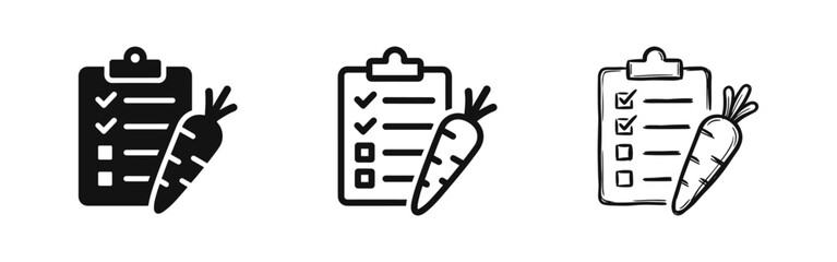 Healthy diet plan and nutrition tracking icon set with checklist and carrot symbols © drawing lines