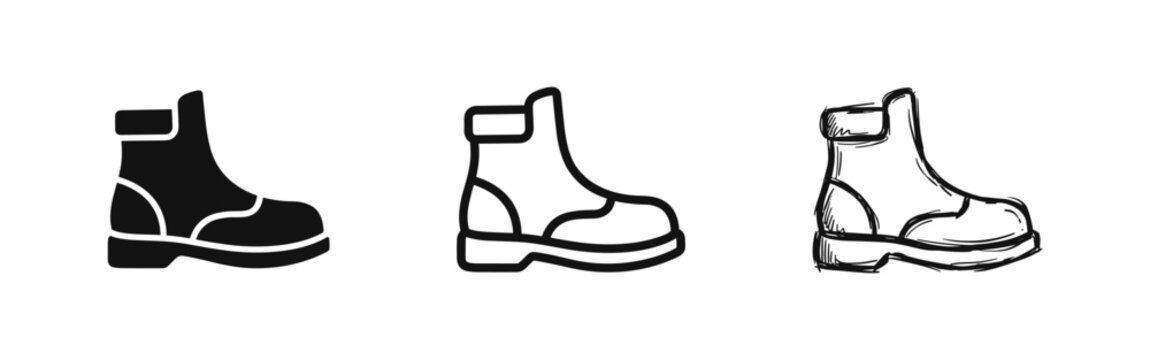 Footwear and work boot icon set in solid, outline and hand-drawn styles for safety design