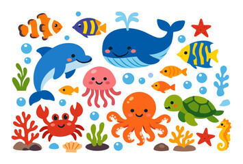 Fototapeta premium Adorable cartoon marine animals and coral reef elements on a white background, representing ocean life and aquatic wildlife