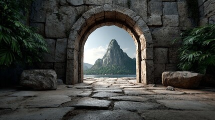 Fototapeta premium Stone Archway Leading to a Sunlit Mountain Vista with Greenery