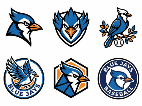 Set of blue jay bird mascot logos for sports teams
