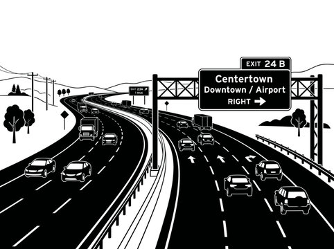 Highway exit sign with cars on a multilane road