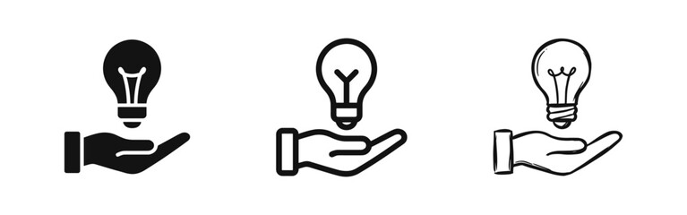 Hand Holding Light Bulb Idea Icon Set - Innovation Creativity Solution Symbols © drawing lines