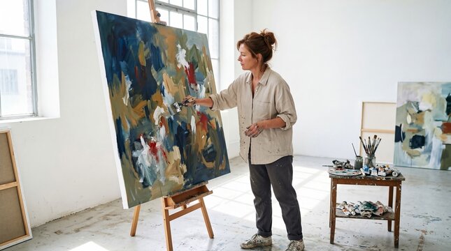 Woman artist painting abstract canvas on easel in art studio. Creative painter working with brush and oil color. Fine art hobby, professional career and artistic self-expression concept.