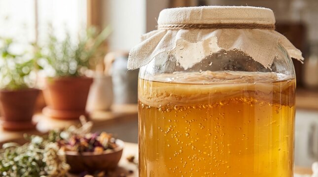 Glass jar with homemade kombucha drink and scoby culture floating on top. Fermentation process of healthy probiotic tea with bubbles. Kitchen craft for organic beverage and nutrition.