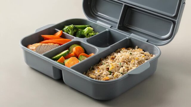 Closeup medium shot of divided rigid lunch box emphasizing separate compartments ideal for balanced meals and portion control during microwave reheating