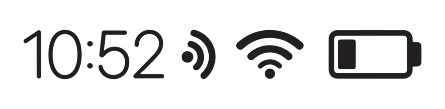 Mobile phone status bar icons set with digital clock wifi signal strength indicator and battery level display.