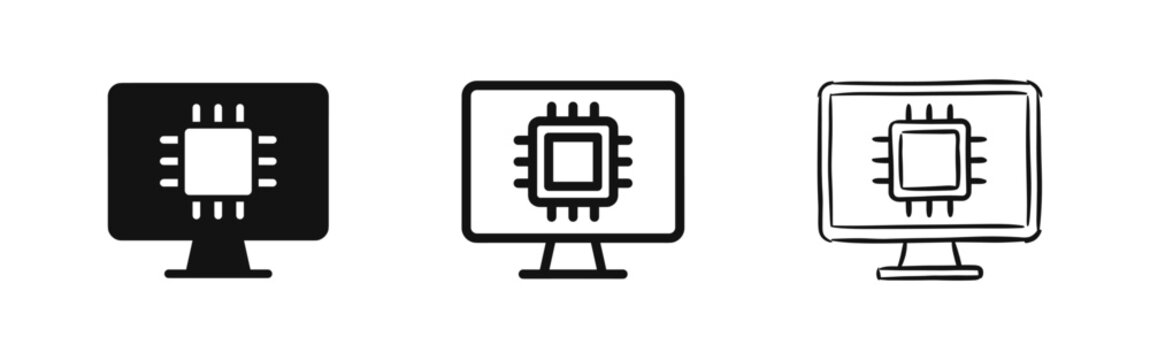 Computer Processor Icon Set - Monitor and CPU Chip Symbols for Hardware Monitoring