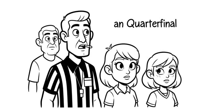 Cartoon Family Watching Excitedly at Quarterfinal Event.