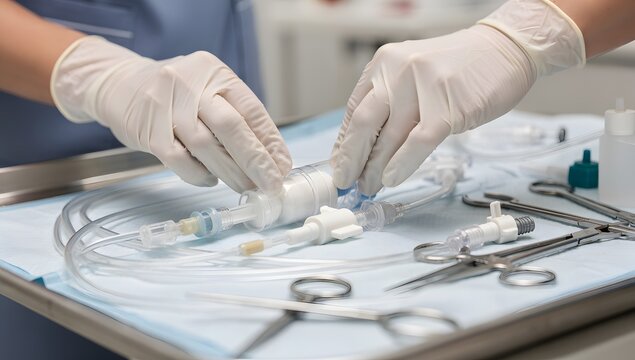 Close-up of nurse hands preparing venous catheters for long-duration access with central venous lines visible