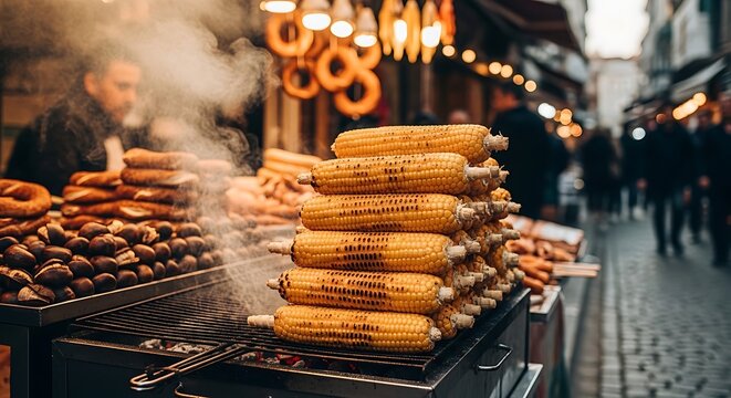 Traditional Turkish Street Food Vendor Stall Featuring Roasted Corn on the Cob and Simit Bread on a Bustling City Street