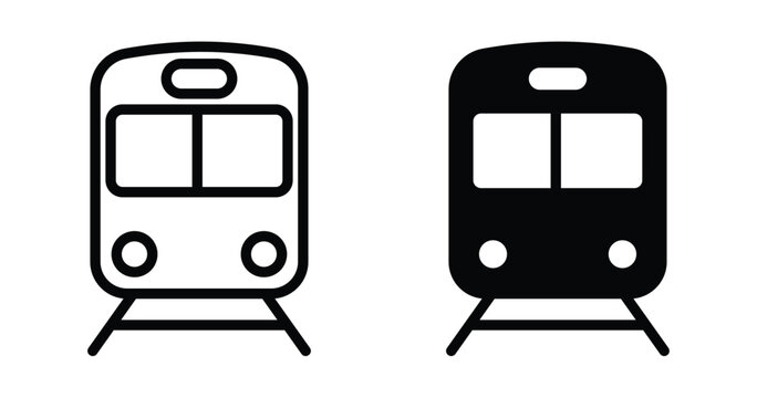 Two minimalist black train icons showing front profile view for modern transportation design and web graphics