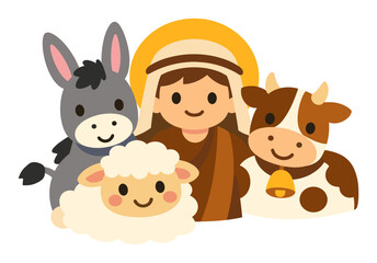 Fototapeta premium Adorable baby Jesus with Mary or Joseph, a loyal donkey, a fluffy sheep, and a gentle cow, representing a sweet nativity