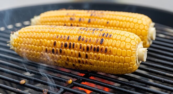 Close-Up of Two Fresh Corn on the Cob Grilling on a Charcoal BBQ Grill with Smoke and Char Marks