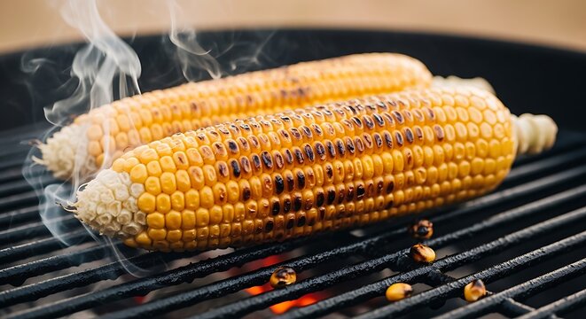 Close-Up of Two Fresh Corn on the Cob Grilling on a Charcoal BBQ Grill with Smoke and Char Marks