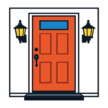 House entrance featuring a closed orange front door with a transom window and two wall-mounted lanterns, symbolizing welcome and security
